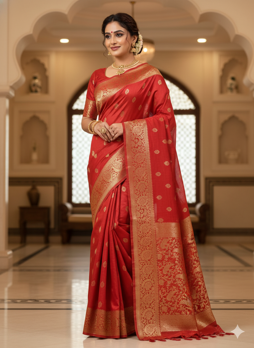 Classic Red Kanchipuram Silk Saree with Rich Golden Zari Border