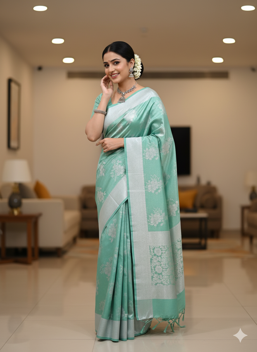 Pastel Mint Green Soft Silk Saree with Silver Zari Weaving