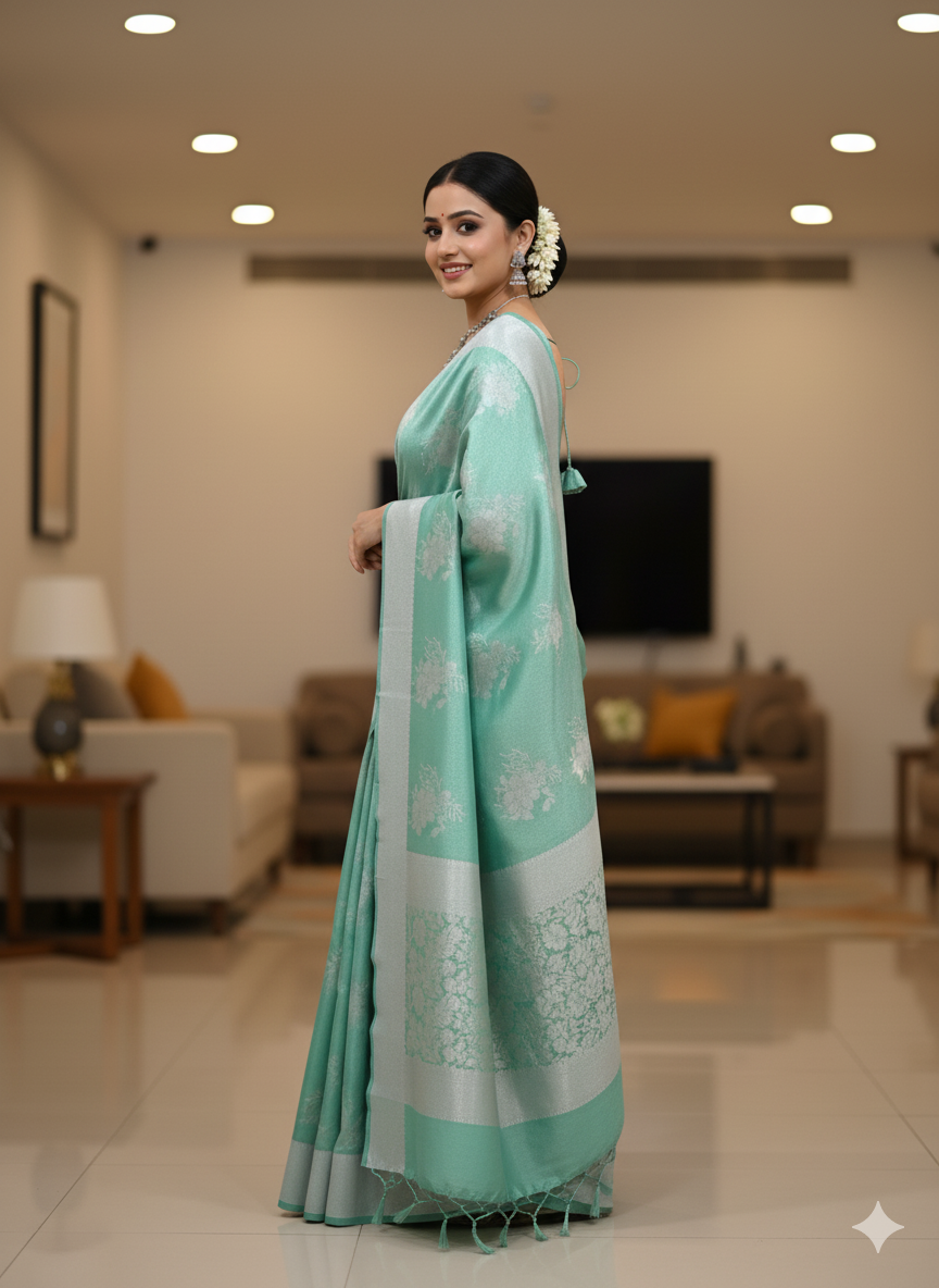 Pastel Mint Green Soft Silk Saree with Silver Zari Weaving