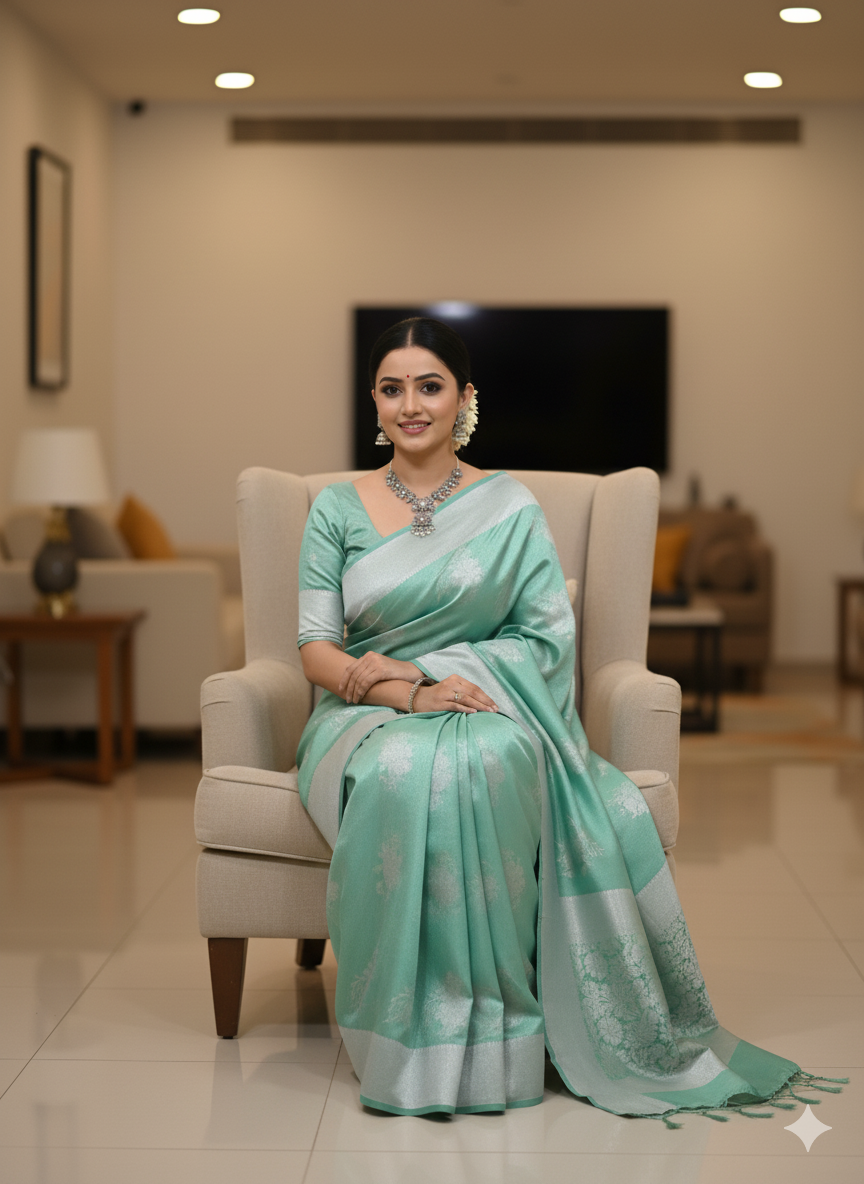 Pastel Mint Green Soft Silk Saree with Silver Zari Weaving